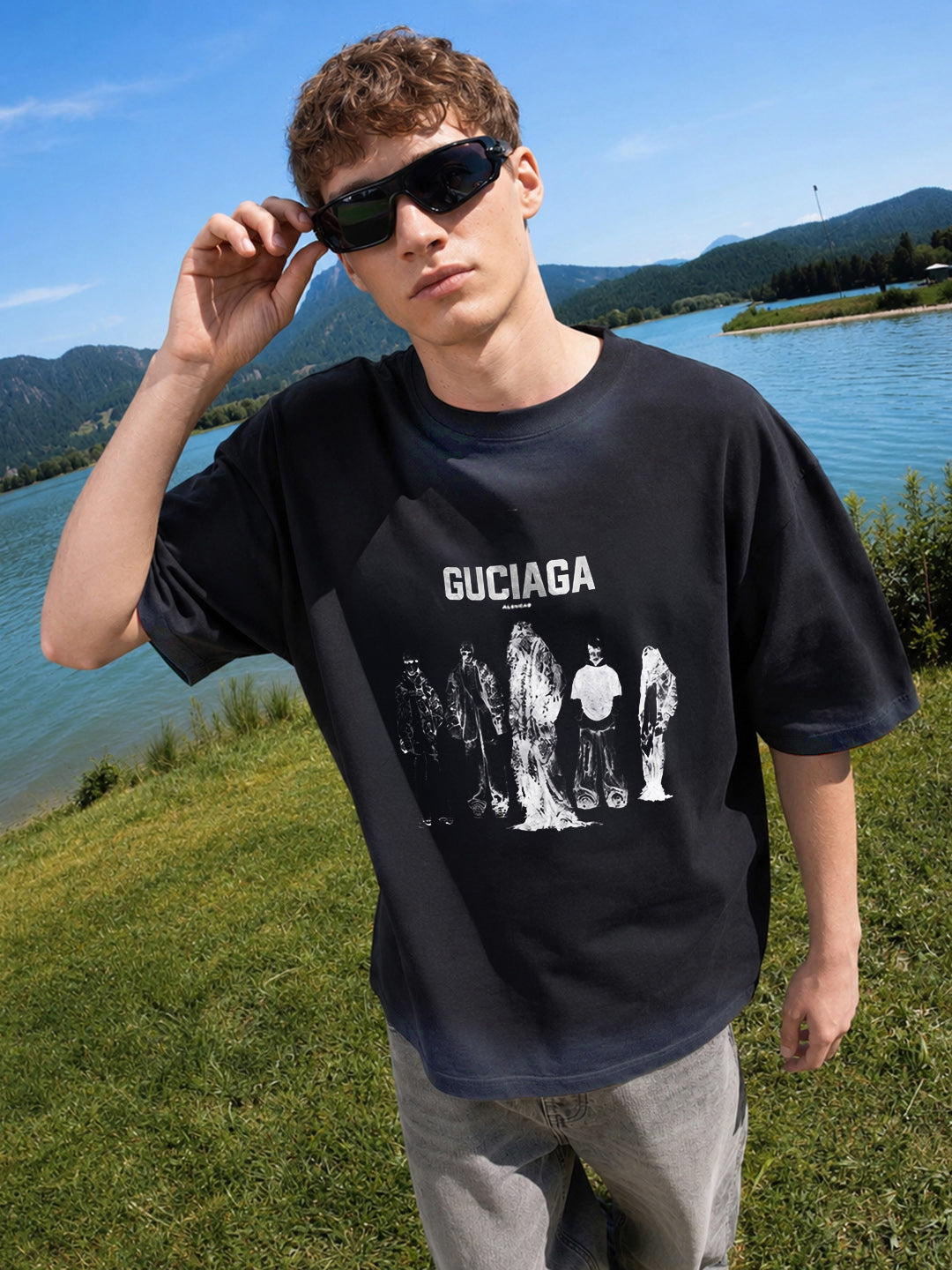 Men's Black Relaxed Fit Graphic Printed 240 GSM Street Wear T-Shirt