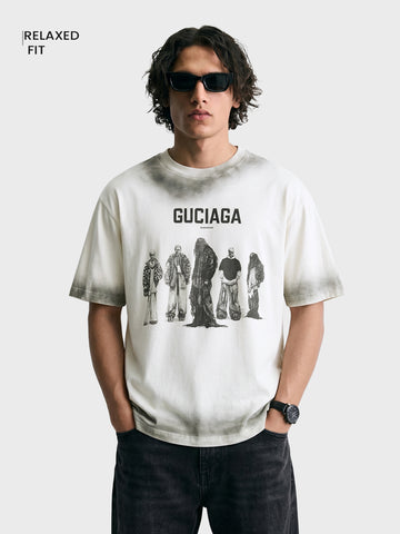 Men's Cream Relaxed Fit Graphic Printed 240 GSM Street Wear T-Shirt