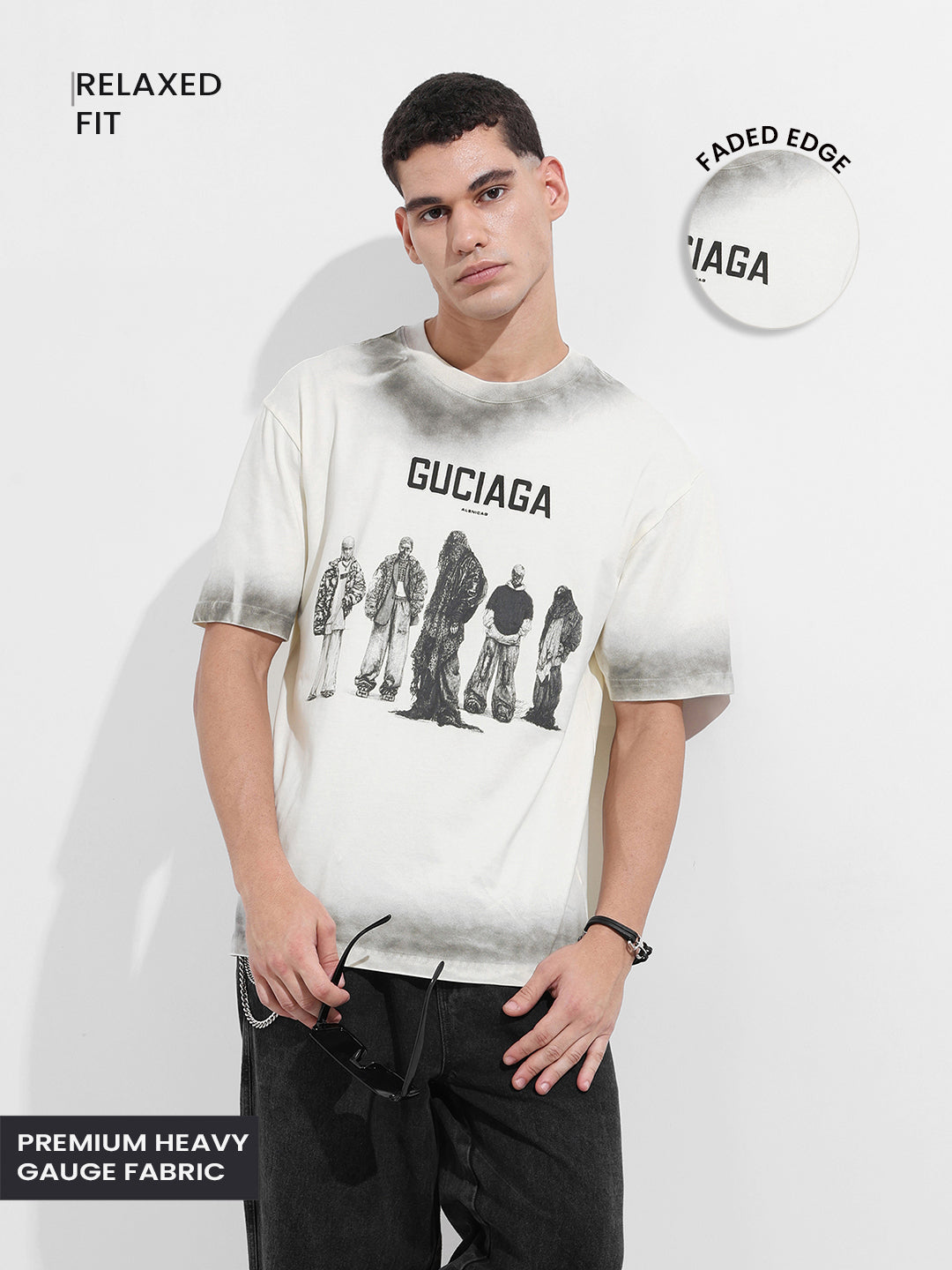 Men's Cream Relaxed Fit Graphic Street Wear T-Shirt