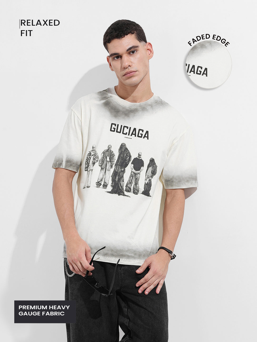 Men's Cream Relaxed Fit Graphic Street Wear T-Shirt