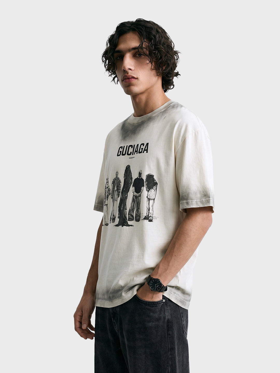 Men's Cream Relaxed Fit Graphic Printed 240 GSM Street Wear T-Shirt