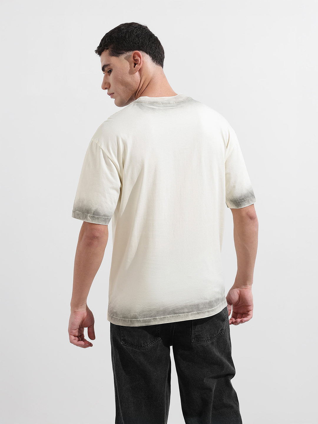 Men's Cream Relaxed Fit Graphic Street Wear T-Shirt