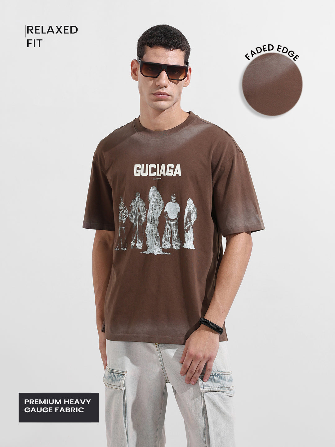 Men's Brown Relaxed Fit Graphic Street Wear T-Shirt