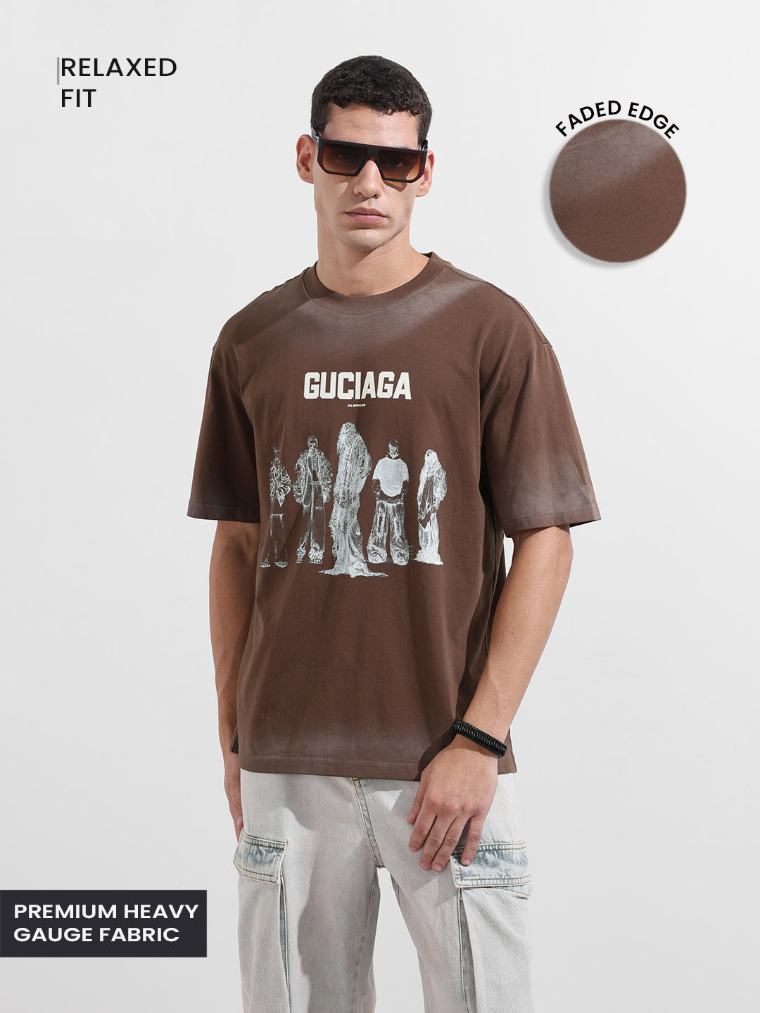 Men's Brown Relaxed Fit Graphic Street Wear T-Shirt