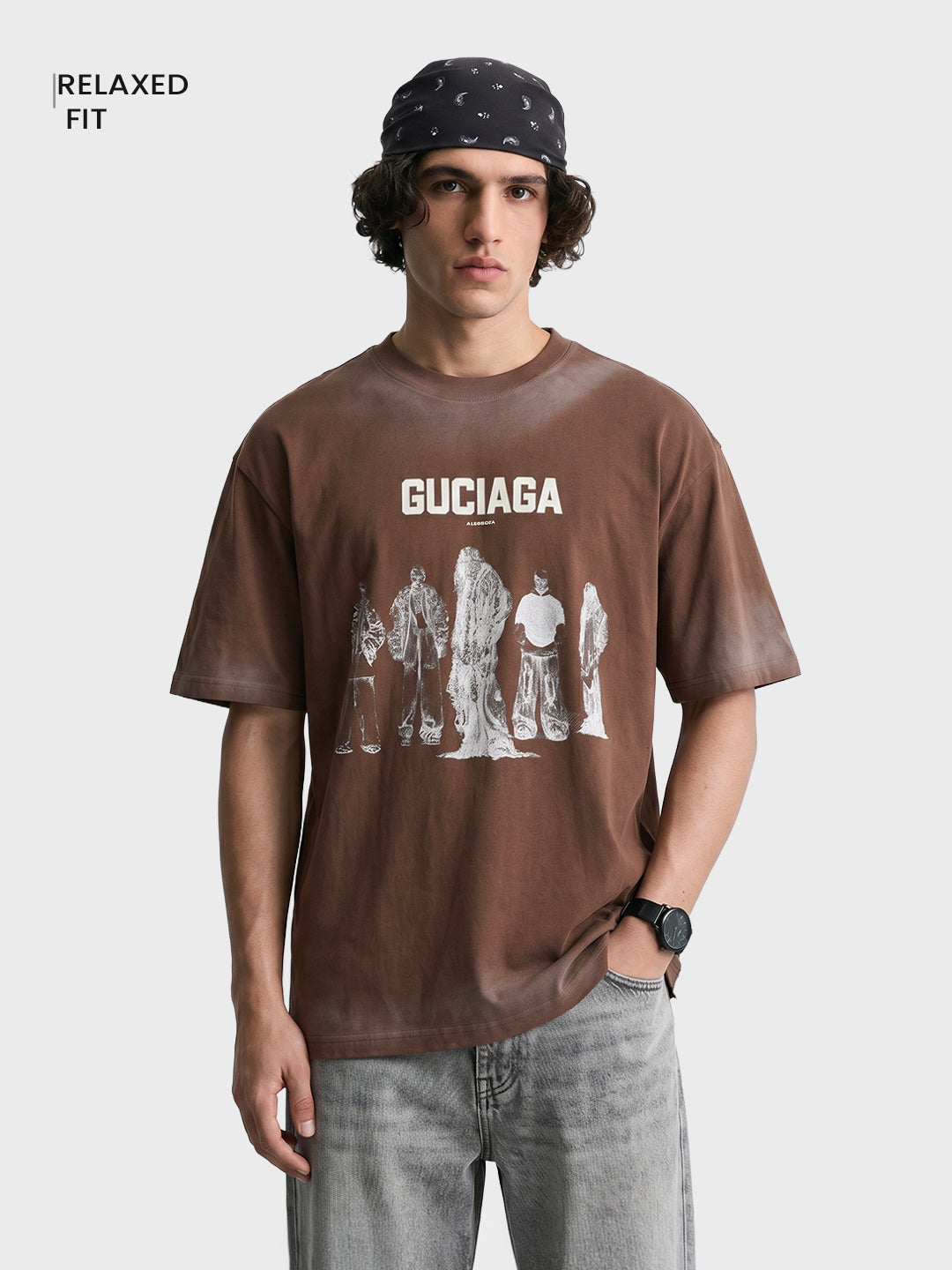 Men's Brown Relaxed Fit Graphic Printed 240 GSM Street Wear T-Shirt