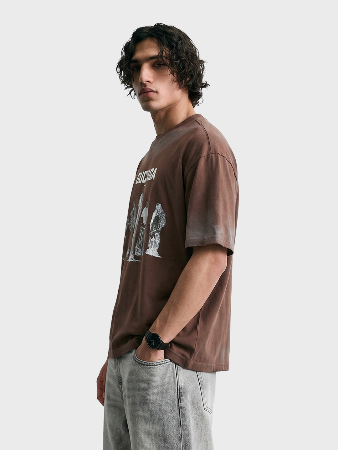 Men's Brown Relaxed Fit Graphic Printed 240 GSM Street Wear T-Shirt