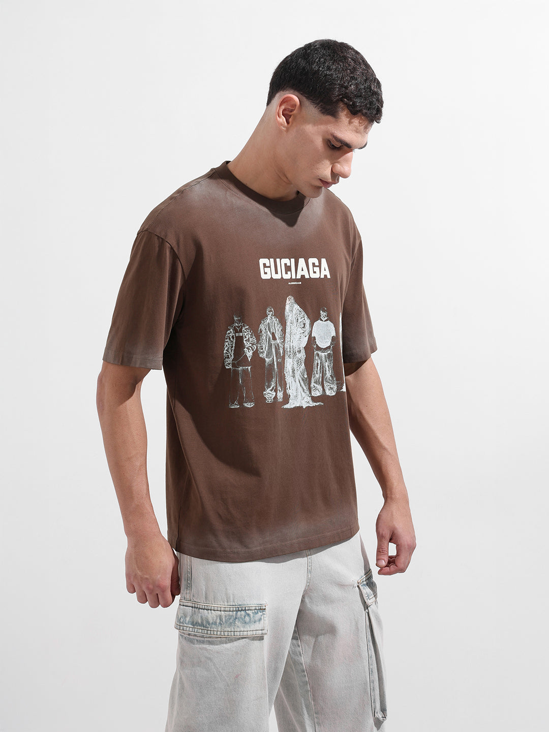 Men's Brown Relaxed Fit Graphic Street Wear T-Shirt