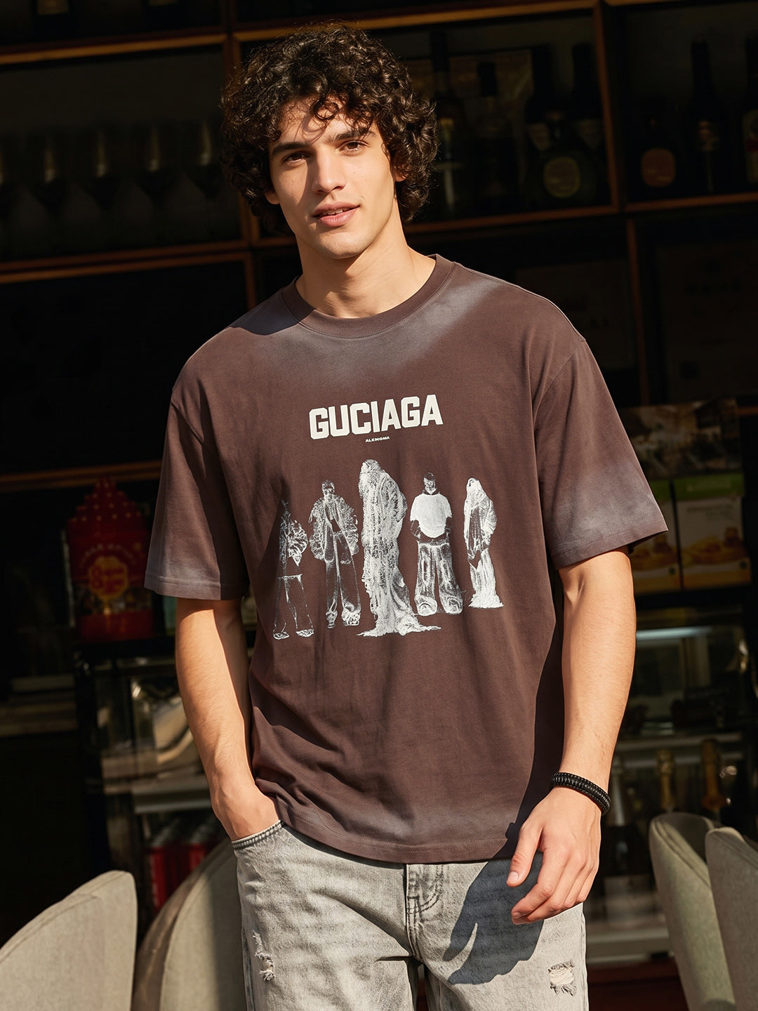 Men's Brown Relaxed Fit Graphic Printed 240 GSM Street Wear T-Shirt