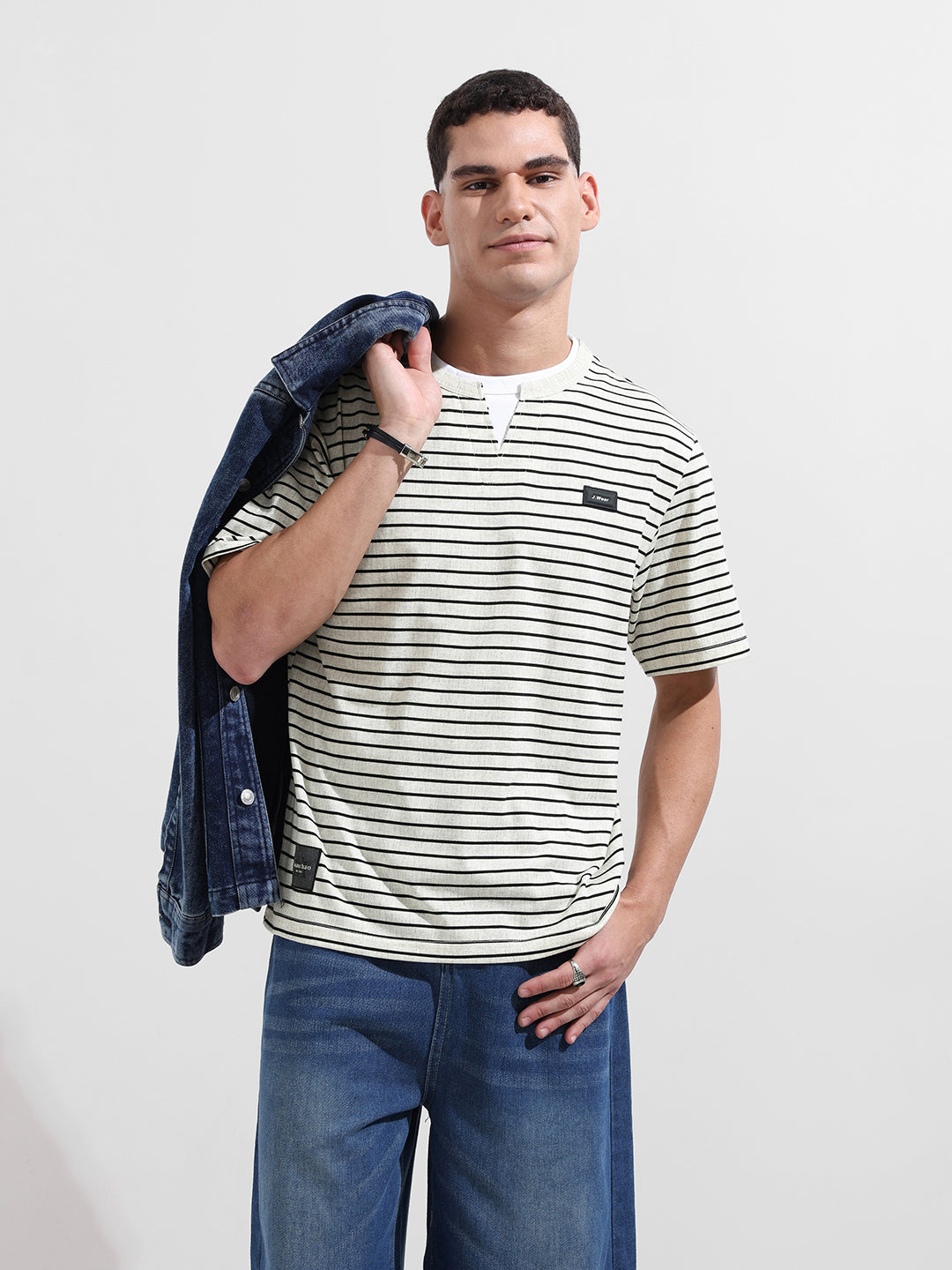 Men's Grey Relaxed Fit Striped Street Wear T-Shirt