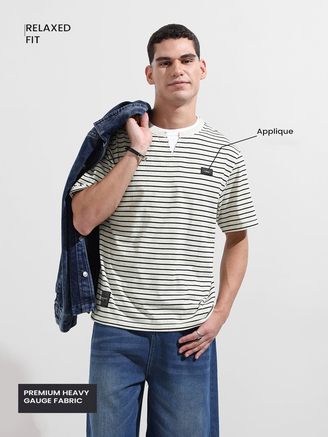 Men's Grey Relaxed Fit Striped Street Wear T-Shirt