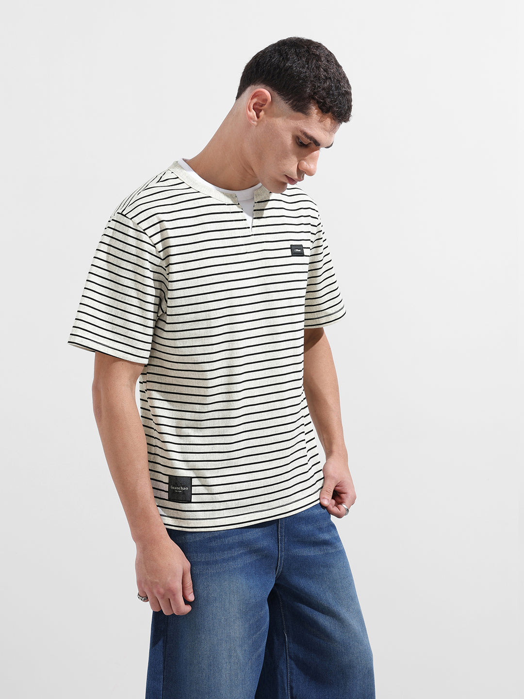 Men's Grey Relaxed Fit Striped Street Wear T-Shirt