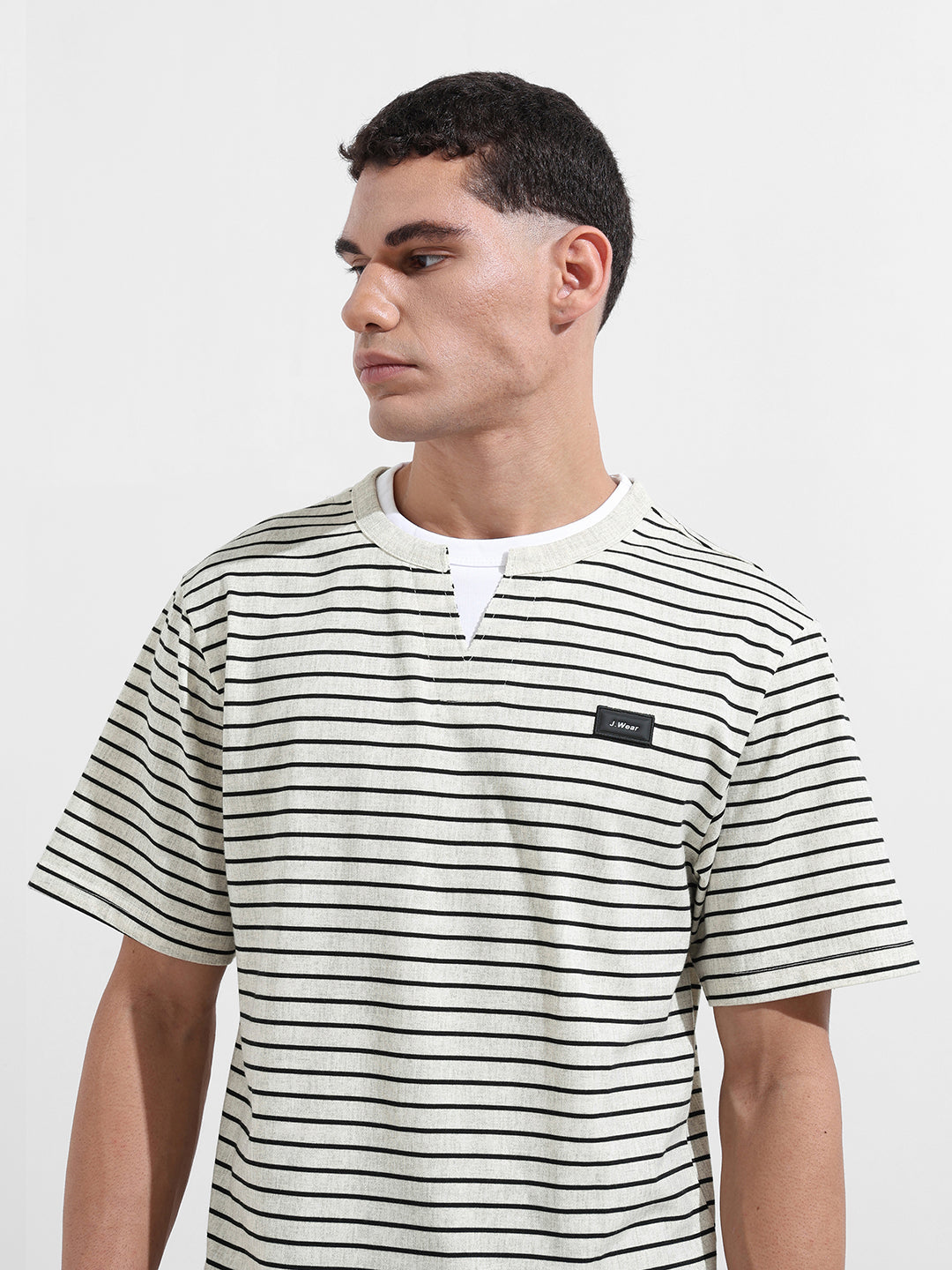 Men's Grey Relaxed Fit Striped Street Wear T-Shirt
