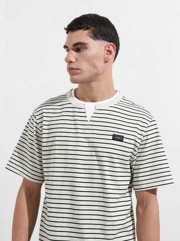Men's Grey Relaxed Fit Striped Street Wear T-Shirt
