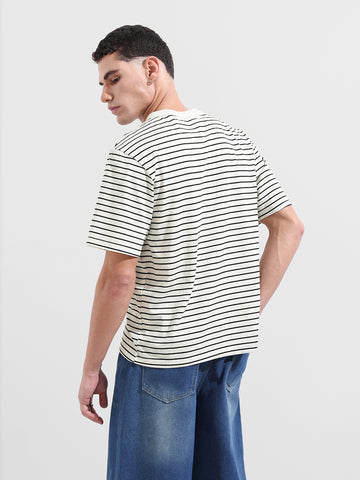 Men's Grey Relaxed Fit Striped Street Wear T-Shirt