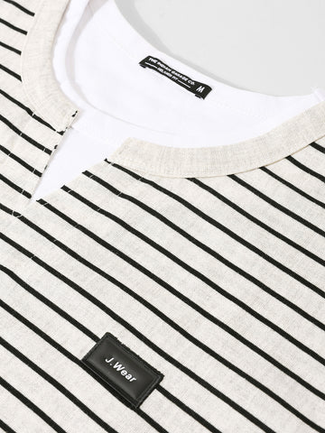 Men's Grey Relaxed Fit Striped Street Wear T-Shirt