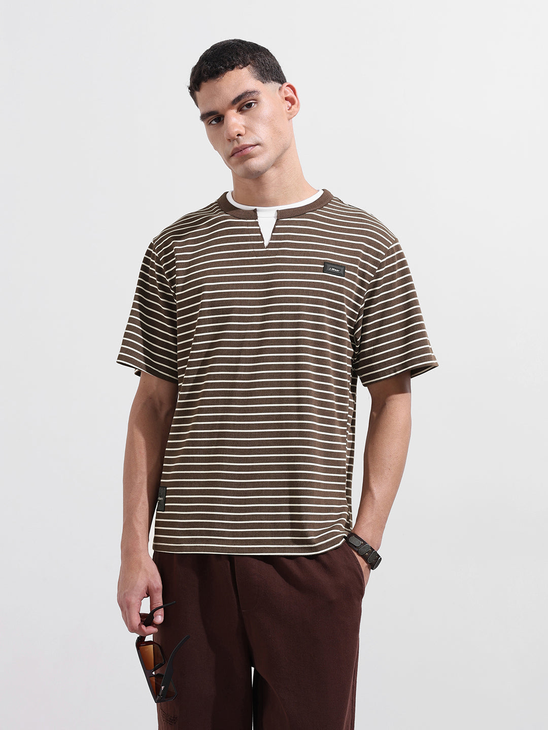 Men's Brown Relaxed Fit Striped Street Wear T-Shirt