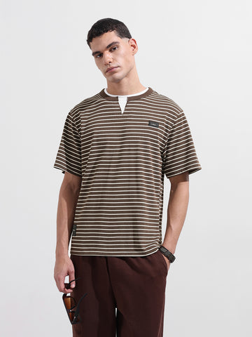 Men's Brown Relaxed Fit Striped Street Wear T-Shirt