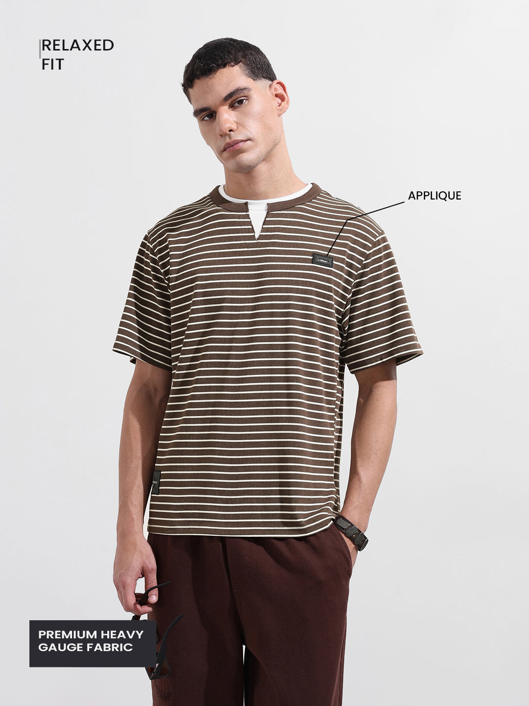 Men's Brown Relaxed Fit Striped Street Wear T-Shirt