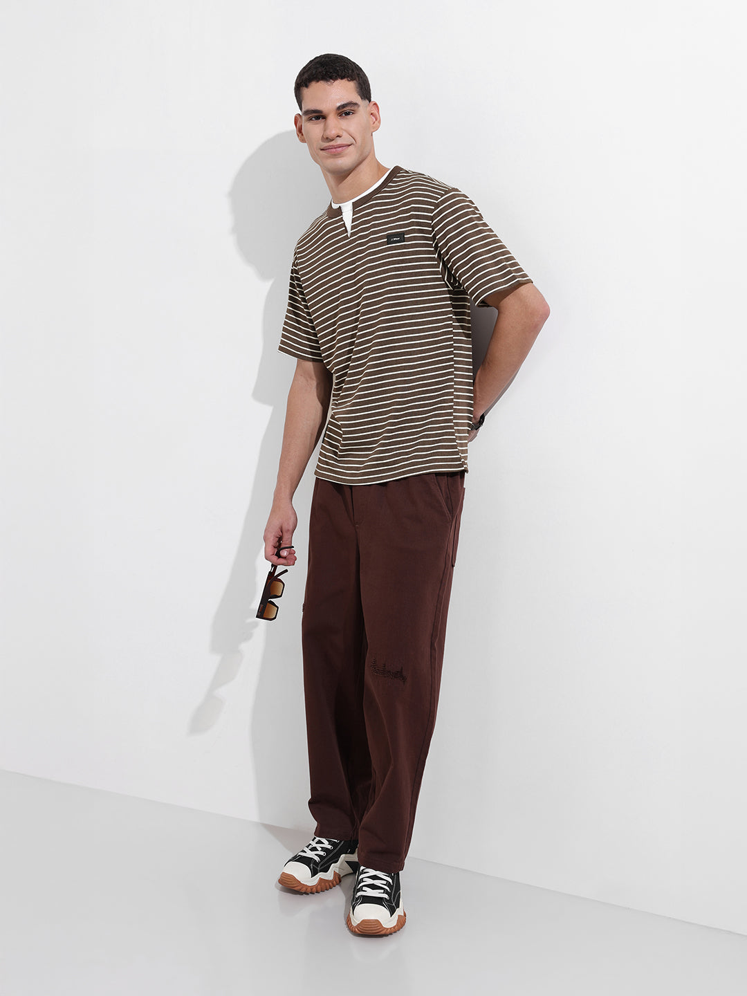 Men's Brown Relaxed Fit Striped Street Wear T-Shirt
