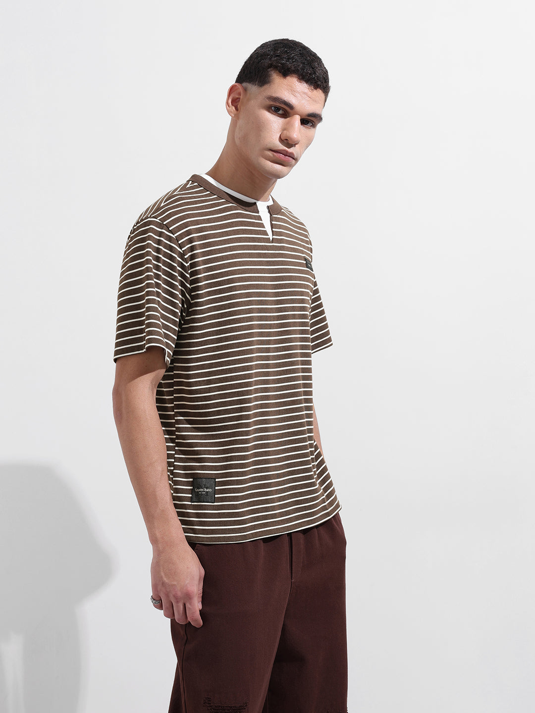Men's Brown Relaxed Fit Striped Street Wear T-Shirt