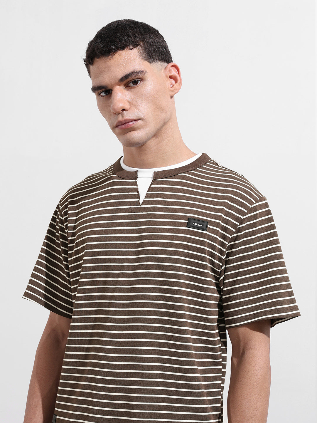 Men's Brown Relaxed Fit Striped Street Wear T-Shirt