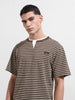 Men's Brown Relaxed Fit Striped Street Wear T-Shirt