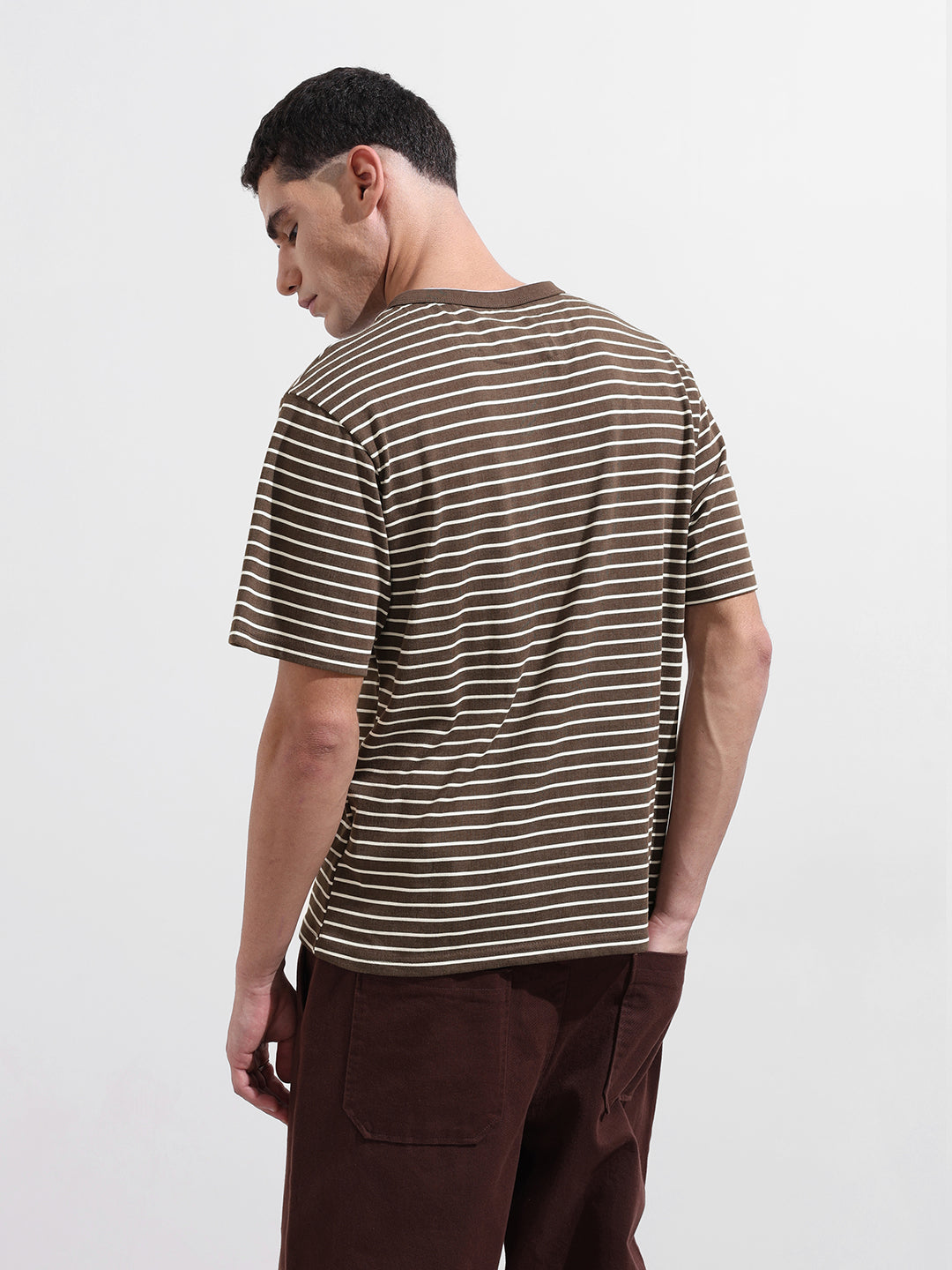 Men's Brown Relaxed Fit Striped Street Wear T-Shirt