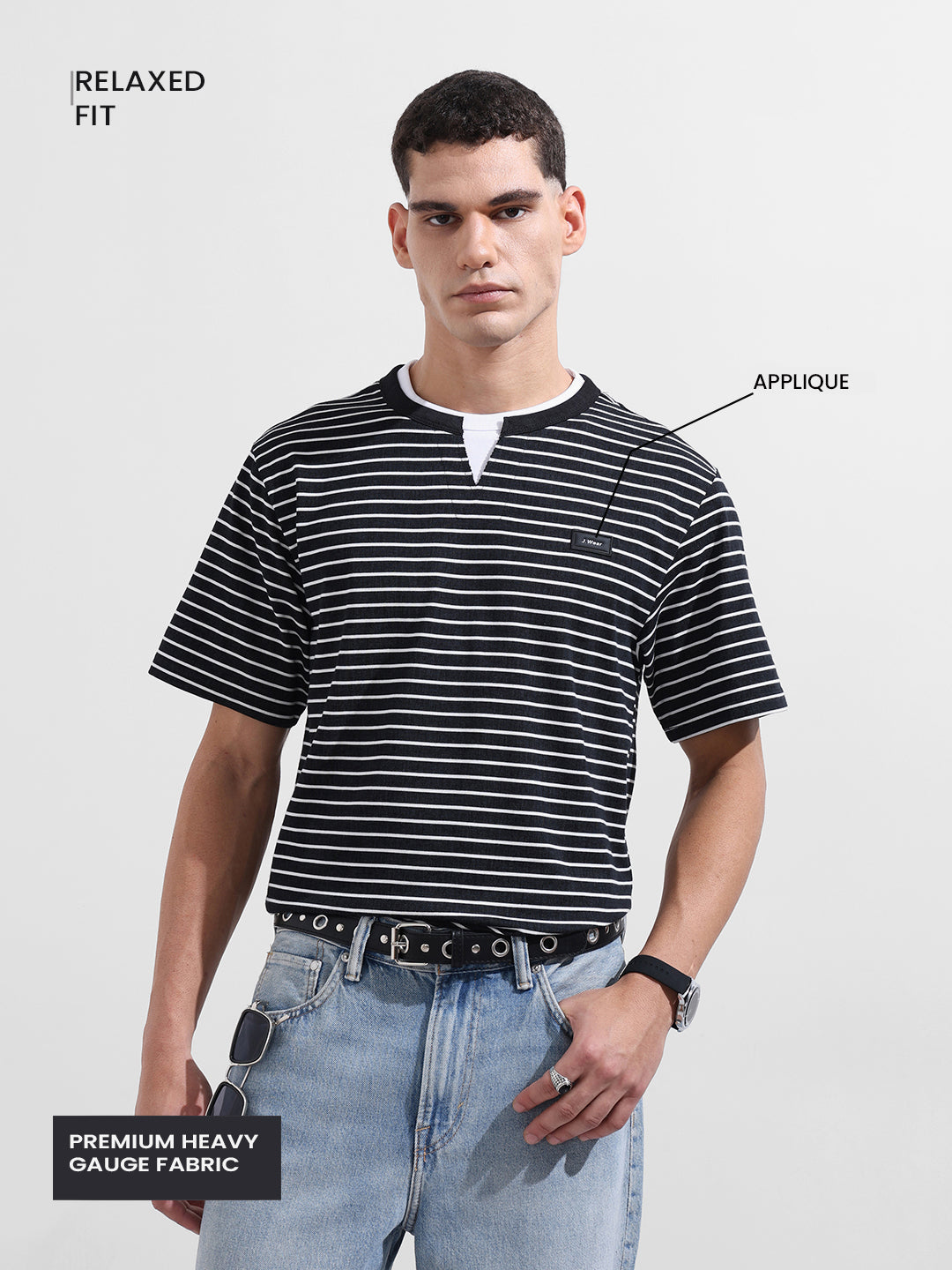 Men's Black Relaxed Fit Striped Street Wear T-Shirt