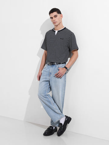 Men's Black Relaxed Fit Striped Street Wear T-Shirt