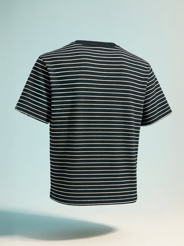 Men's Black Relaxed Fit Striped 240 GSM Street Wear T-Shirt