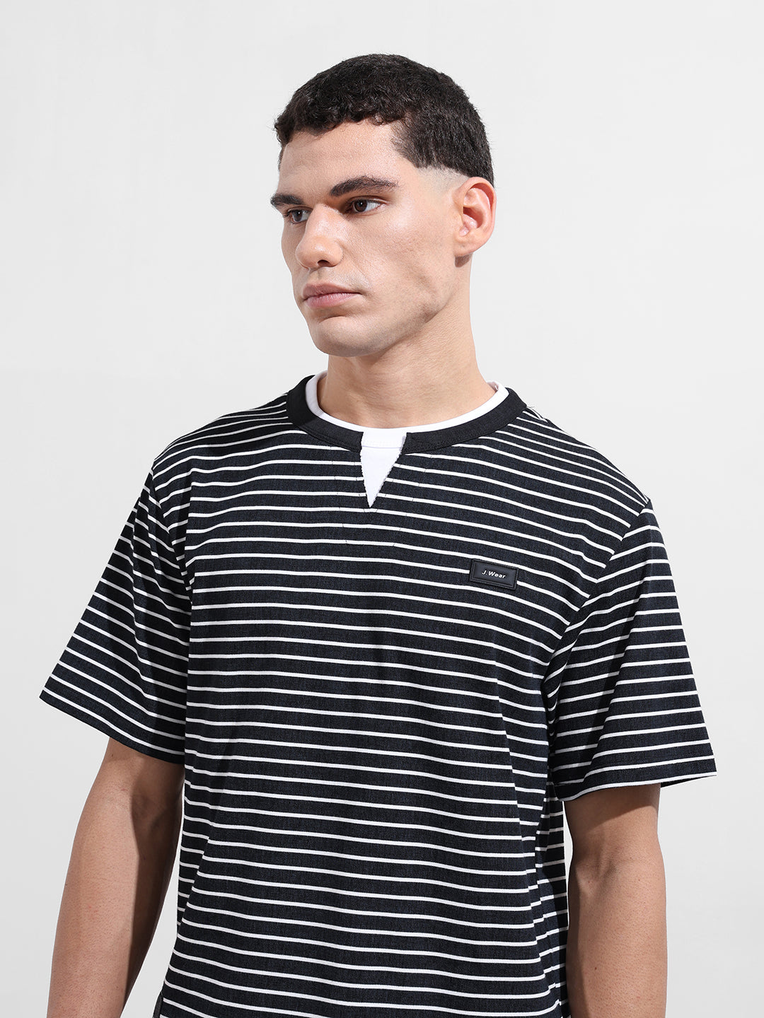 Men's Black Relaxed Fit Striped Street Wear T-Shirt