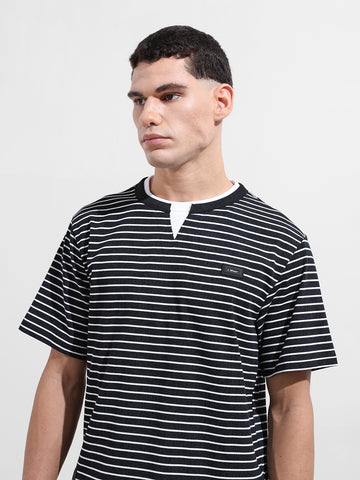 Men's Black Relaxed Fit Striped Street Wear T-Shirt