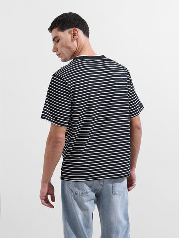 Men's Black Relaxed Fit Striped Street Wear T-Shirt