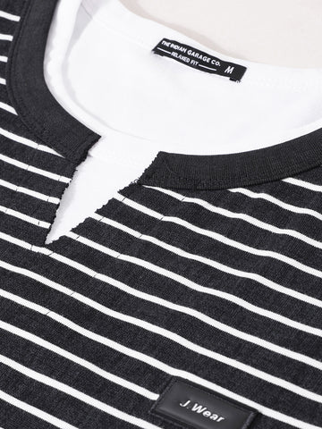 Men's Black Relaxed Fit Striped Street Wear T-Shirt