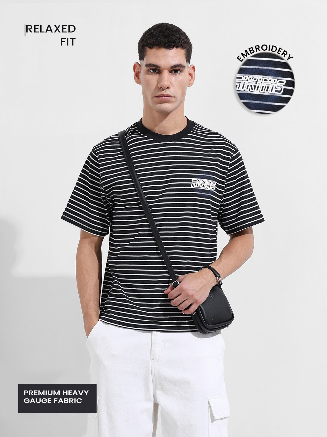 Men's Black Relaxed Fit Striped Street Wear T-Shirt