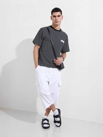 Men's Black Relaxed Fit Striped Street Wear T-Shirt