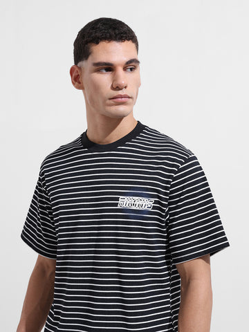 Men's Black Relaxed Fit Striped Street Wear T-Shirt