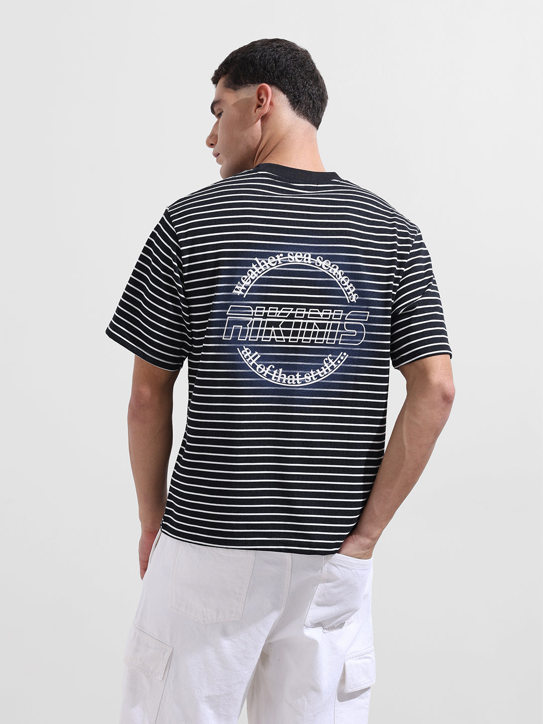 Men's Black Relaxed Fit Striped Street Wear T-Shirt