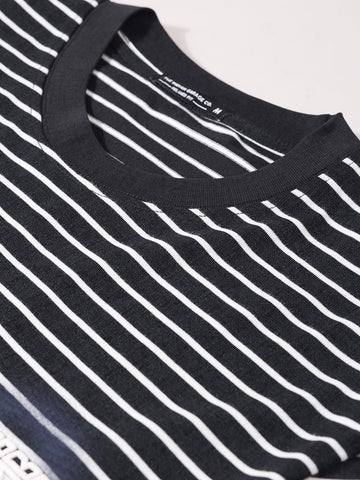 Men's Black Relaxed Fit Striped Street Wear T-Shirt