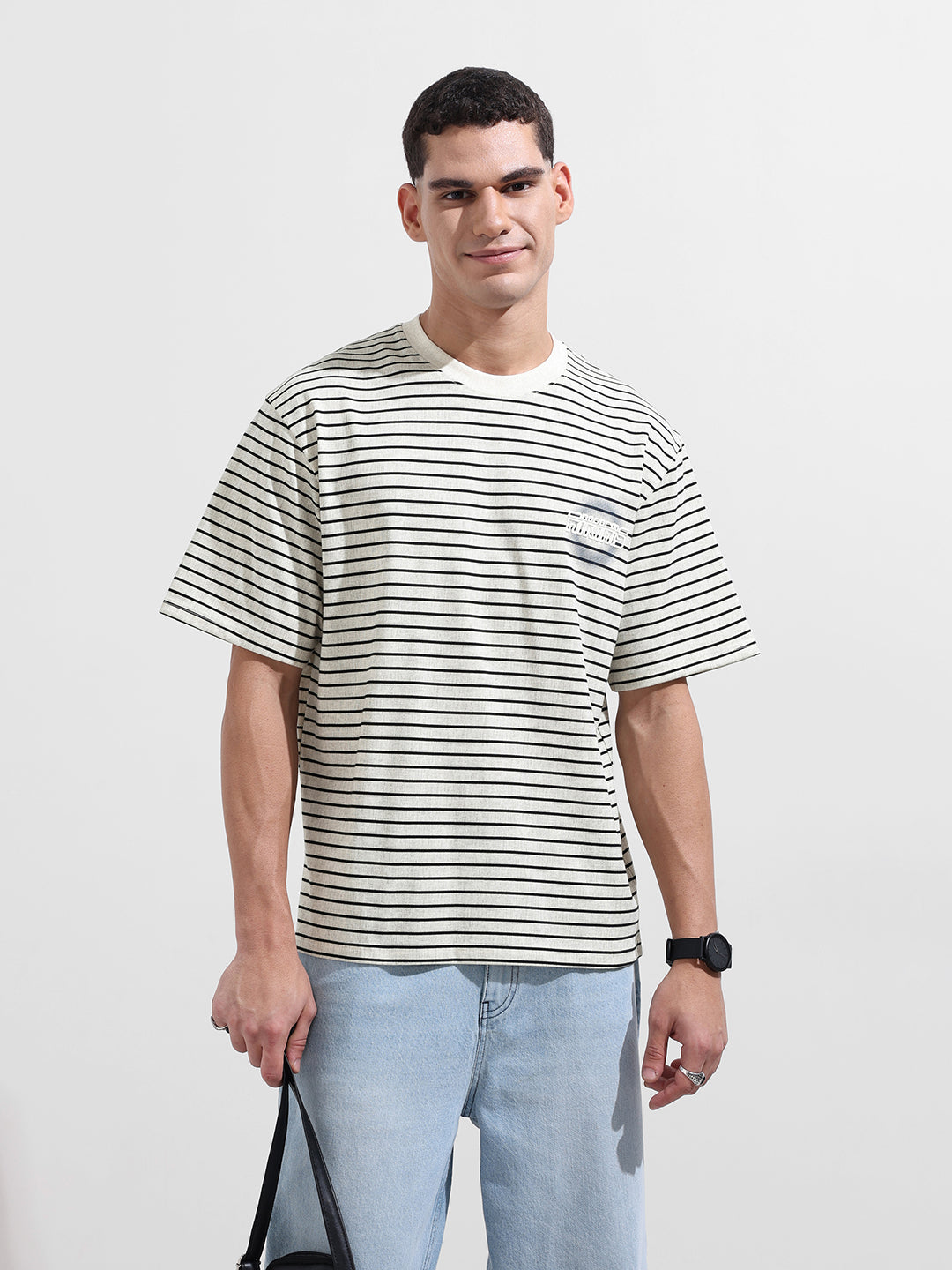 Men's Grey Relaxed Fit Striped Street Wear T-Shirt