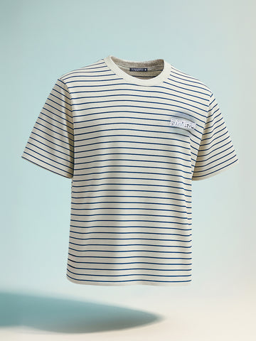 Men's Grey Relaxed Fit Striped 240 GSM Street Wear T-Shirt