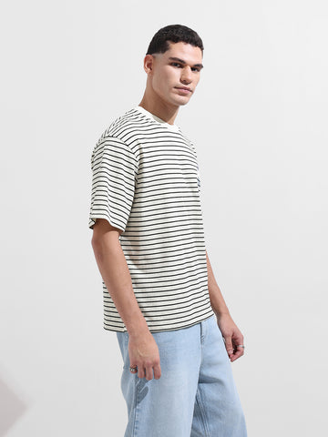 Men's Grey Relaxed Fit Striped Street Wear T-Shirt