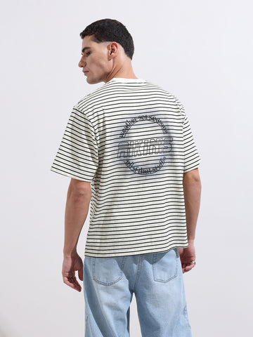 Men's Grey Relaxed Fit Striped Street Wear T-Shirt
