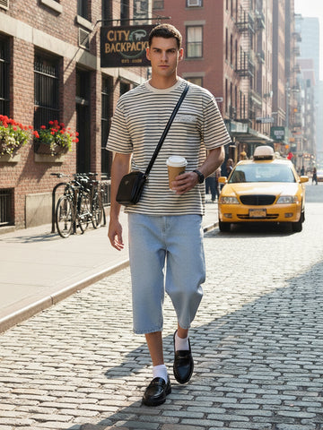 Men's Grey Relaxed Fit Striped 240 GSM Street Wear T-Shirt