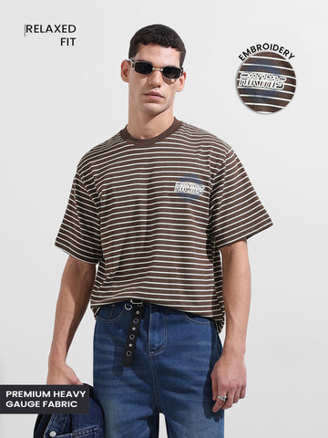 Men's Brown Relaxed Fit Striped Street Wear T-Shirt