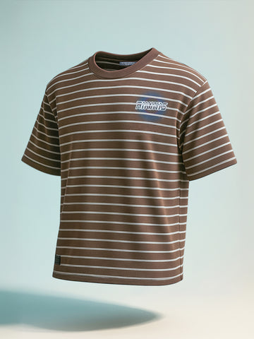 Men's Brown Relaxed Fit Striped 240 GSM Street Wear T-Shirt