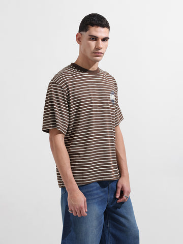 Men's Brown Relaxed Fit Striped Street Wear T-Shirt