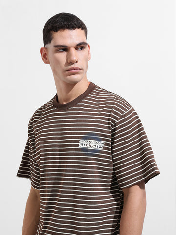 Men's Brown Relaxed Fit Striped Street Wear T-Shirt
