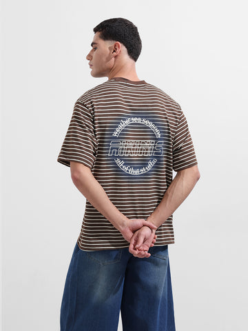 Men's Brown Relaxed Fit Striped Street Wear T-Shirt