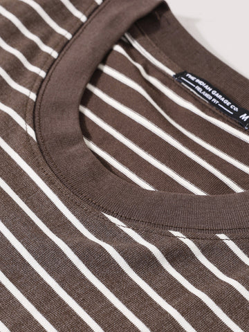 Men's Brown Relaxed Fit Striped Street Wear T-Shirt